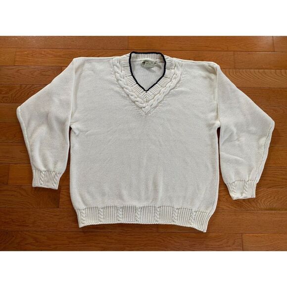 Vintage Eddie Bauer  100% Cotton VNeck Pullover Sweater Mens Large L Cream HEAVY - Picture 2 of 9